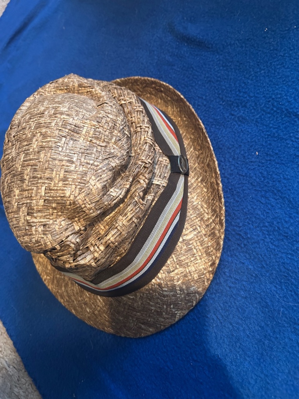 Men's Woven Brown Straw Trilby with Multistripe Band